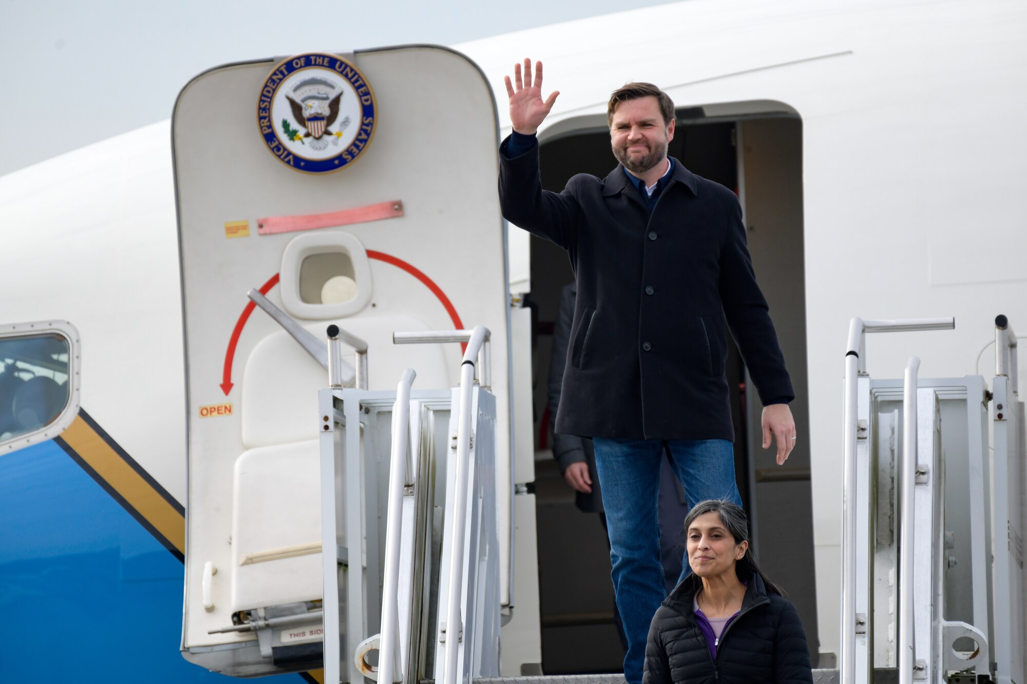 Vice President JD Vance greets the crowd after exiting Air Force Two at Youngstown Air Reserve Station, Ohio, on Feb. 3, 2025.
