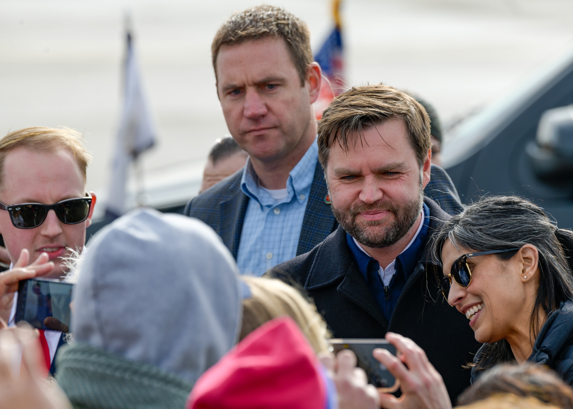 Vice President JD Vance and his wife, Second Lady Usha Vance, have their photo taken by a group of onlookers on Feb. 3, 2025, at Youngstown Air Reserve Station, Ohio.