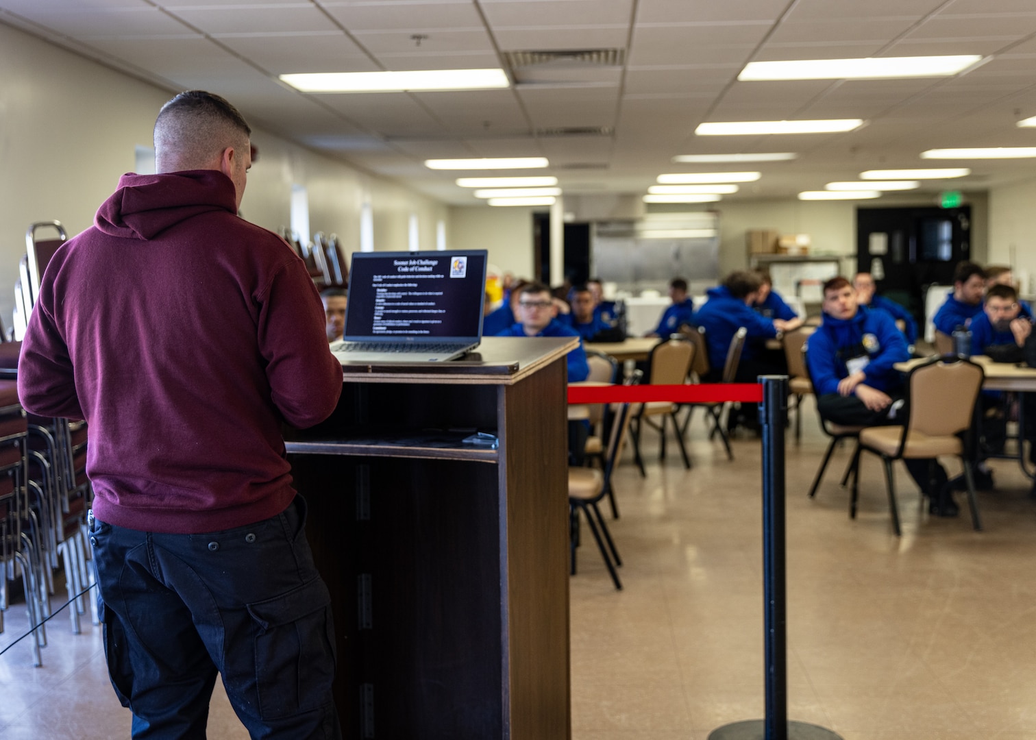 Students, or “associates” enrolled in the Oklahoma Military Department’s Sooner Job ChalleNGe in-process at the program’s campus in Oklahoma City, Jan. 28, 2025. The Sooner Job ChalleNGe Program is an optional next step for graduates of the Thunderbird Challenge Program where they will have the opportunity to further their success through career readiness and vocational training at Metro Technology Center in Oklahoma City. (Oklahoma National Guard photo by Spc. Danielle Rayon)