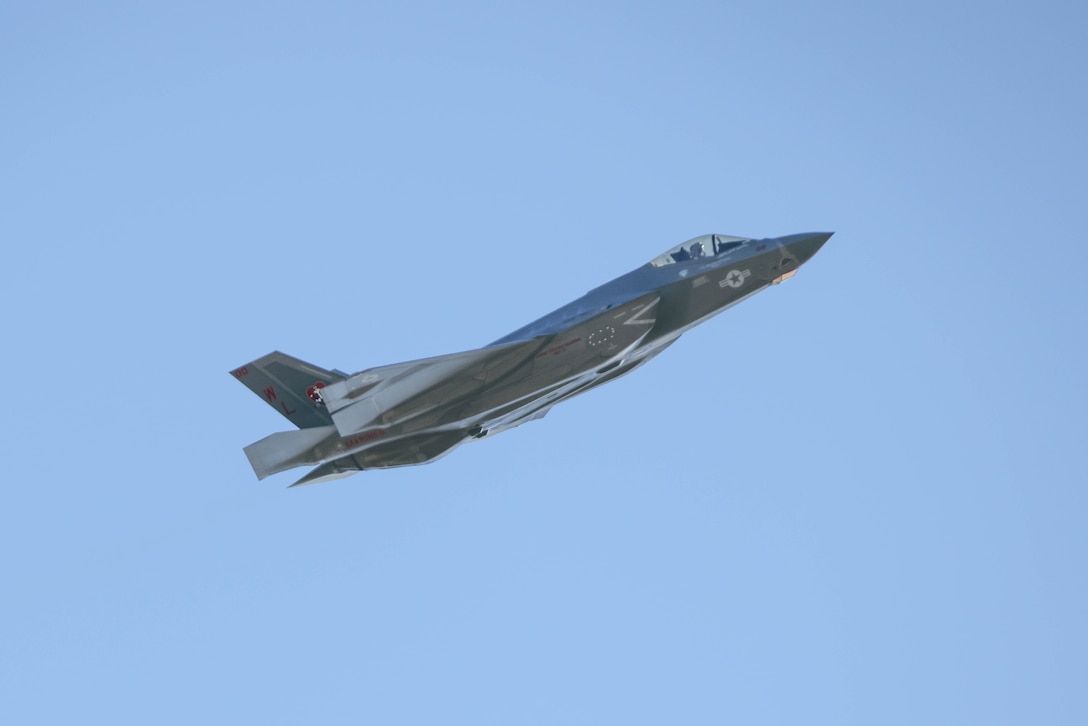 An F-35C Lightning II assigned to Marine Fighter Attack Squadron (VMFA) 311, Marine Aircraft Group 11, 3rd Marine Aircraft Wing, takes off from Marine Corps Air Station Miramar, California, during a Large Force Exercise conducted by MAG-11 and MAG-13 on Jan. 15, 2025. LFE is a high-fidelity combat training event over the Southern California coast, incorporating defensive counter-air and air interdiction missions. The exercise provides pilots with invaluable experience in mission planning and execution, including opportunities to serve as division leads or mission commanders. (U.S. Marine Corps photo by Lance Cpl. Alexis Ibarra)