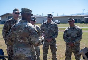 Col. William Prince, commander of Army Support Activity at Soto Cano Air Base, discusses the importance of counter-unmanned aircraft systems capabilities with members of his leadership team, January 21, 2025.