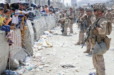 Marines provide assistance during evacuation in Kabul.