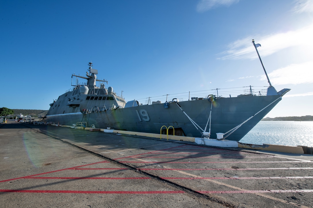 The Freedom-variant littoral combat ship USS St. Louis (LCS 19) sits moored at U.S. Naval Station Guantanamo Bay (NSGB) with the ship’s crew supporting the expansion of the base’s Migrant Operations Center as part of Operation Southern Guard. January 31, 2025. At the direction of the President of the United States to the Department of Homeland Security (DHS) and the Department of Defense, U.S. military service members are supporting removal operations led by DHS at Naval Station Guantanamo Bay.