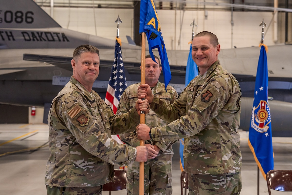 The 114th Maintenance Squadron welcomed a new commander Feb. 2, 2025 at Joe Foss Field, South Dakota. Maj. Ross Rollinger, 114th Aircraft Maintenance Squadron commander, assumed command in lieu of Lt. Col. Steve Schultz, 114th Maintenance Group deputy commander. Col. William McLeod, 114th Maintenance Group commander, presided over the ceremony.
