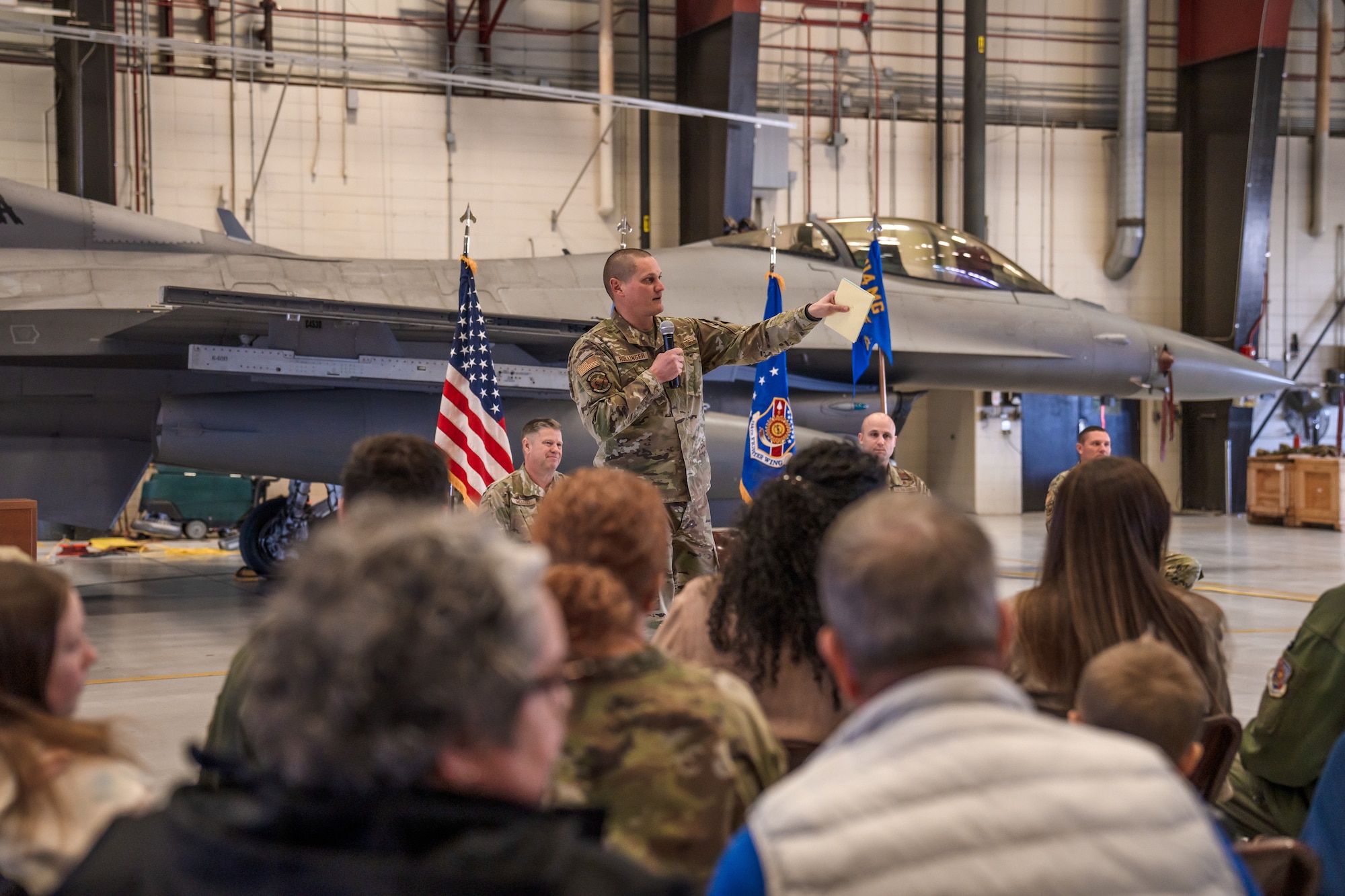 The 114th Maintenance Squadron welcomed a new commander Feb. 2, 2025 at Joe Foss Field, South Dakota. Maj. Ross Rollinger, 114th Aircraft Maintenance Squadron commander, assumed command in lieu of Lt. Col. Steve Schultz, 114th Maintenance Group deputy commander. Col. William McLeod, 114th Maintenance Group commander, presided over the ceremony.
