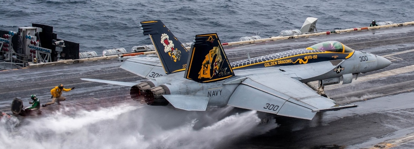 An F/A-18E Super Hornet, assigned to the “Golden Dragons” of Strike Fighter Squadron (VFA) 192, launches from the flight deck of the Nimitz-class aircraft carrier USS Carl Vinson (CVN 70) Feb. 4, 2025.