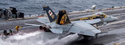 SOUTH CHINA SEA (Feb. 4, 2025) — An F/A-18E Super Hornet, assigned to the “Golden Dragons” of Strike Fighter Squadron (VFA) 192, launches from the flight deck of the Nimitz-class aircraft carrier USS Carl Vinson (CVN 70) Feb. 4, 2025. Vinson, the flagship of Carrier Strike Group ONE, is underway conducting routine operations in the U.S. 7th Fleet area of operations. (U.S. Navy photo by Mass Communication Specialist 3rd Class Nate Jordan)
