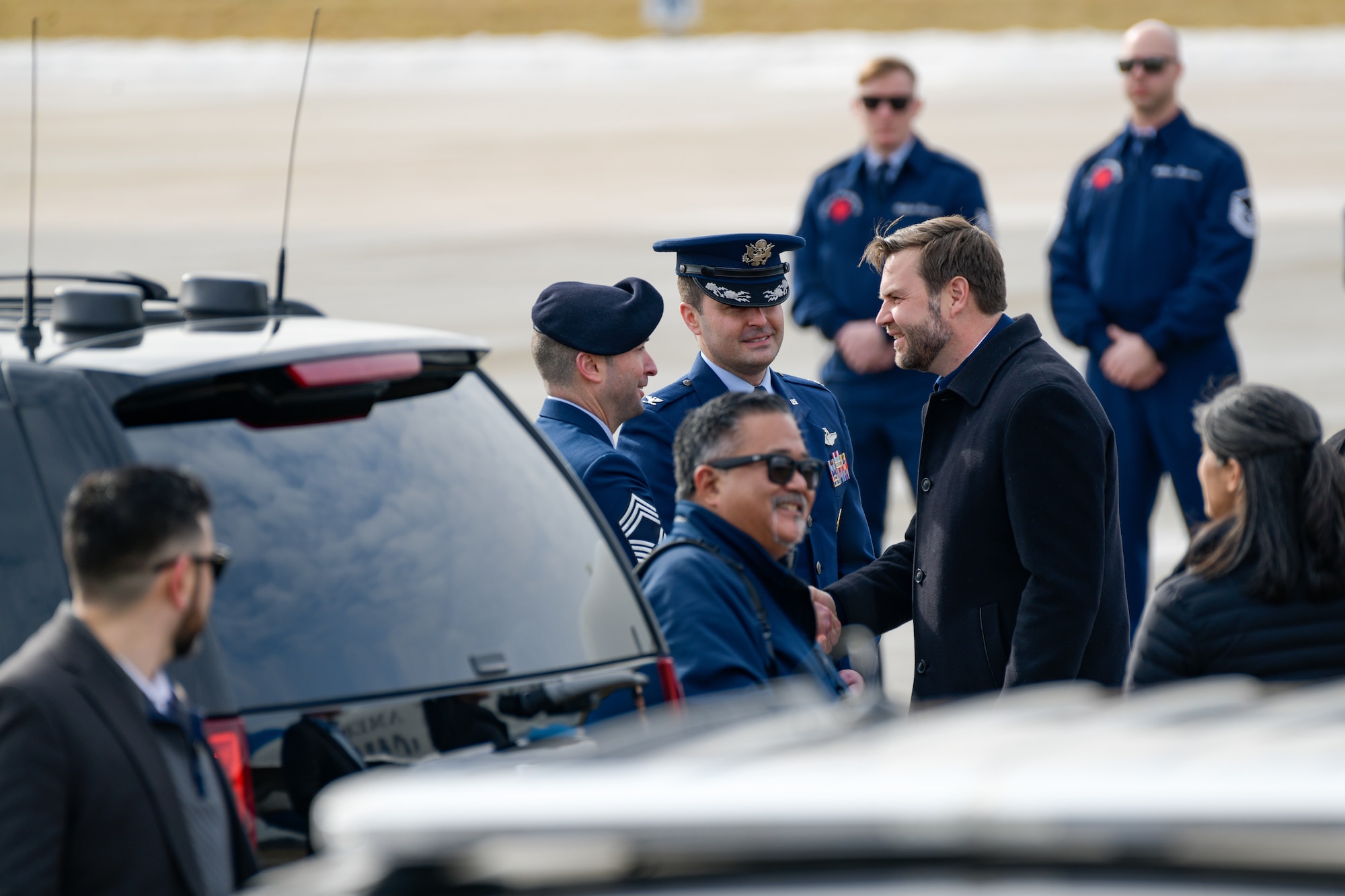 Vice President JD Vance talks with Col. Matthew Gorsuch, acting commander of the 910th Airlift Wing, and Chief Master Sgt. Jake Kelecava, 910th Security Forces Squadron senior enlisted leader, on Feb. 3, 2025, at Youngstown Air Reserve Station, Ohio.