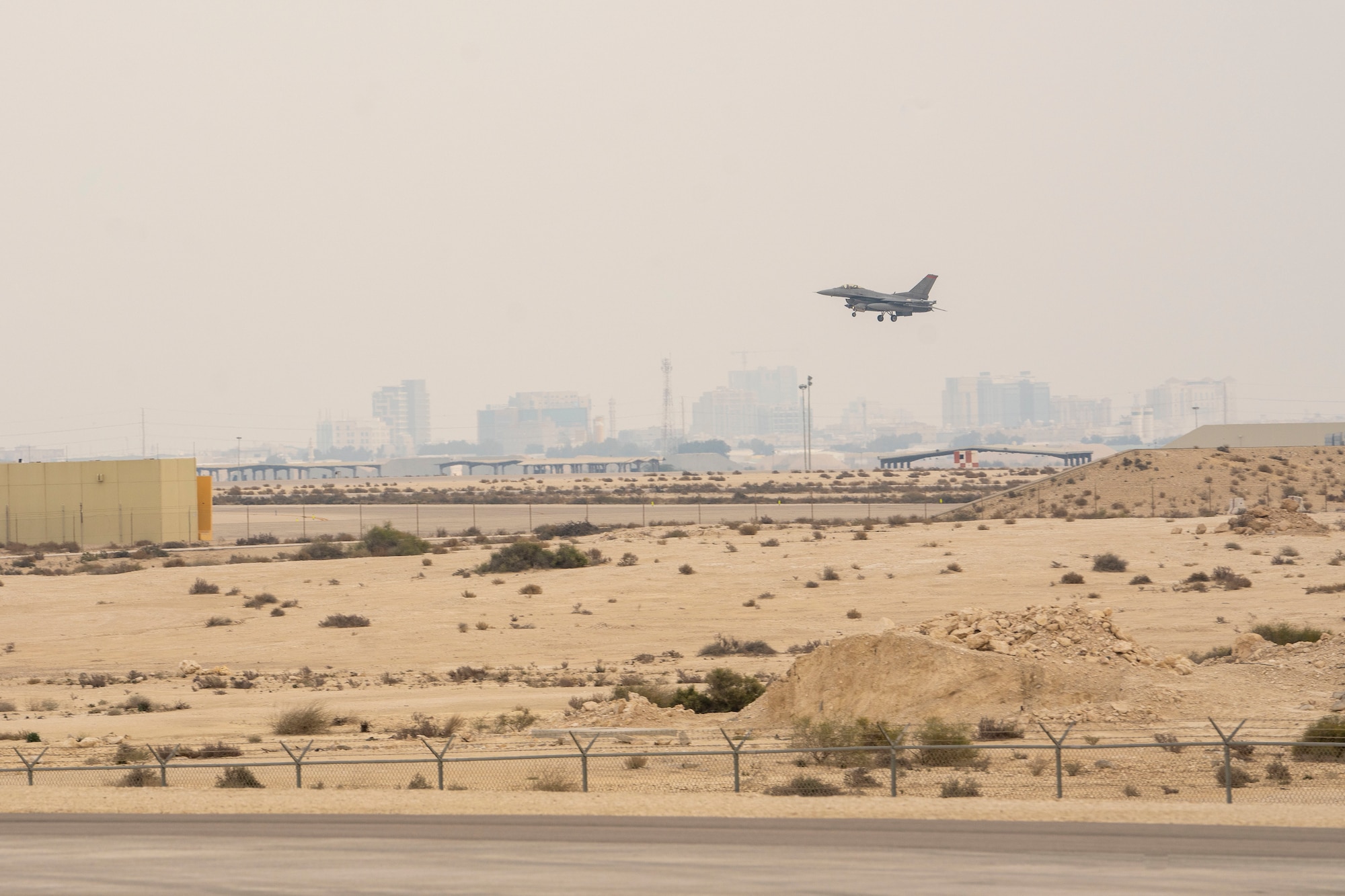 A U.S. Air Force F-16 Fighting Falcon prepares to land following a training mission during Exercise Spears of Victory at King Abdulaziz Air Base, Saudi Arabia, Jan. 30, 2025.