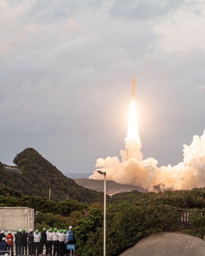 A joint delegation of U.S. and Japanese military and civilian representatives watch as a U.S. space domain awareness payload hosted on Japan's Quasi-Zenith Satellite 6 (QZS-6) successfully launched on a Japanese H-3 launch vehicle from the Yoshinobu Launch Complex at the Japan Aerospace Exploration Agency’s (JAXA) Tanegashima Space Center (TNSC) on February 3, 2025. This is the first bilateral U.S.-Japan cooperative space effort focused on national security, and the first of two launches as part of the Quasi-Zenith Satellite System Hosted Payload (QZSS-HP). (U.S. Air Force photo by Senior Airman Jacob Wood)