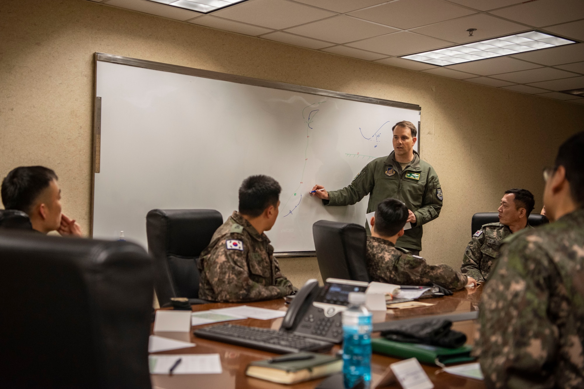 U.S. Air Force Lt. Col. Justin Davis, 25th Fighter Squadron commander, center right, describes how 25th FS A-10 Thunderbolt IIs will operate during a joint training with the 112th Mechanized Infantry Battalion at Osan Air Base