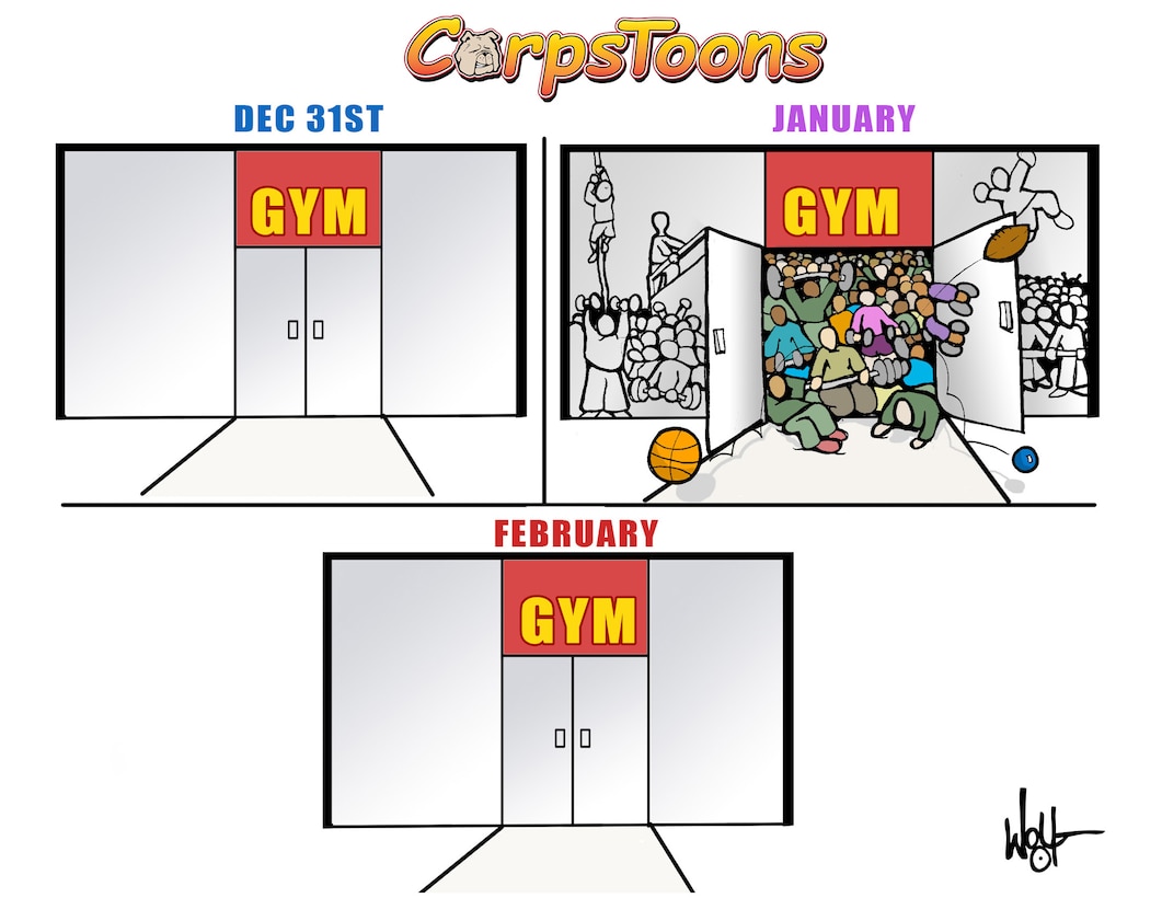 This graphic illustration highlights the many people that make New Years Resolutions only to quit them days later. Created January 28, 2025. According to a Pew Research Center study, nearly 41% of those who make resolutions don’t keep all of them or even none of them. The second Friday in January is known as "Quitters Day." This illustration was created with the pencil, ink and digitally colored with using Adobe Photoshop. (U.S. Marine Corps graphic illustration by Charles Wolf)