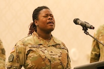 Singing our National Anthem to start the Coming Home Ceremony for 34th Infantry Division Sustainment Brigade is their very own Sgt. Leianna Sullivan.