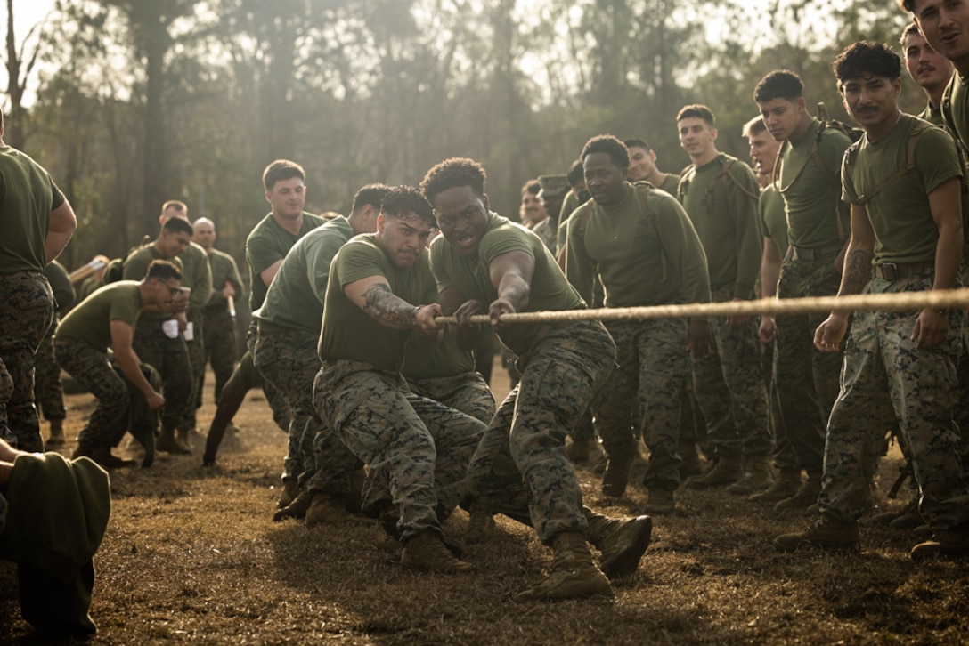 U.S. Marines with 10th Marine Regiment, 2d Marine Division pull a rope in a game of tug of war during the King’s Games field meet on Camp Lejeune, North Carolina, Jan. 31, 2025. King’s Games is an annual event where Marines from 10th Marines compete in various competitions to strengthen the unit’s esprit de corps and honor the patron saint of field artillery, Saint Barbara. (U.S. Marine Corps photo by Lance Cpl. Judith Ann Lazaro)