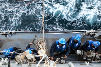 Sailors secure a tending line to a fueling station aboard USS Wayne E. Meyer (DDG 108) during a replenishment with USNS Henry J. Kaiser (T-AO-187) in the Pacific Ocean.