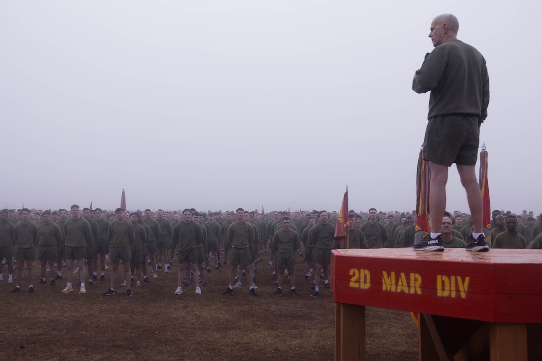 U.S. Marine Corps Maj. Gen. David L. Odom, the commanding general of the 2d Marine Division, gives a motivational speech to Marines during "Follow Me!" week on Marine Corps Base Camp Lejeune, North Carolina, Feb. 3, 2025. 2d MARDIV’s unit run reflects the esprit de corps and camaraderie within the units and pays homage to the service and sacrifice of Marines and Sailors, both past and present. (U.S. Marine Corps photo by Lance Cpl. Brian Michalski)