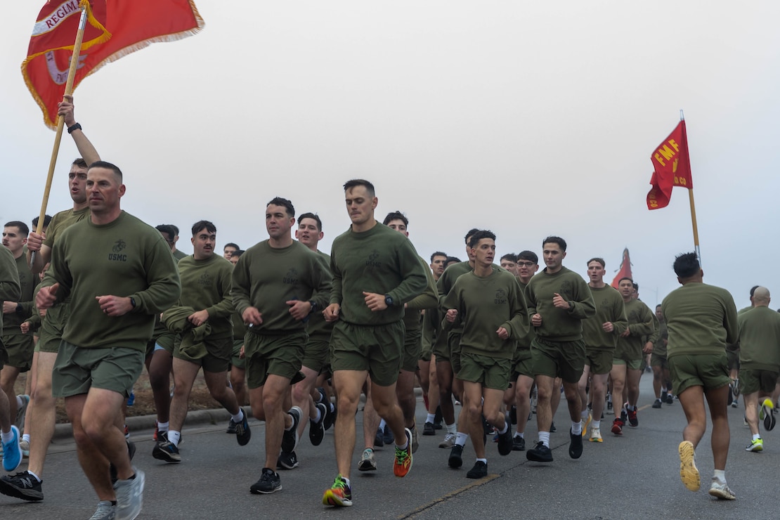U.S. Marines with 2d Marine Division participate in a birthday run for the Division's 84th birthday on Marine Corps Base Camp Lejeune, North Carolina, Feb. 3, 2025. 2d MARDIV's unit run reflects the esprit de corps and camaraderie within the units and pays homage to the service and sacrifice of Marines and Sailors, both past and present. (U.S. Marine Corps photo by Lance Cpl Francis Hrosar)