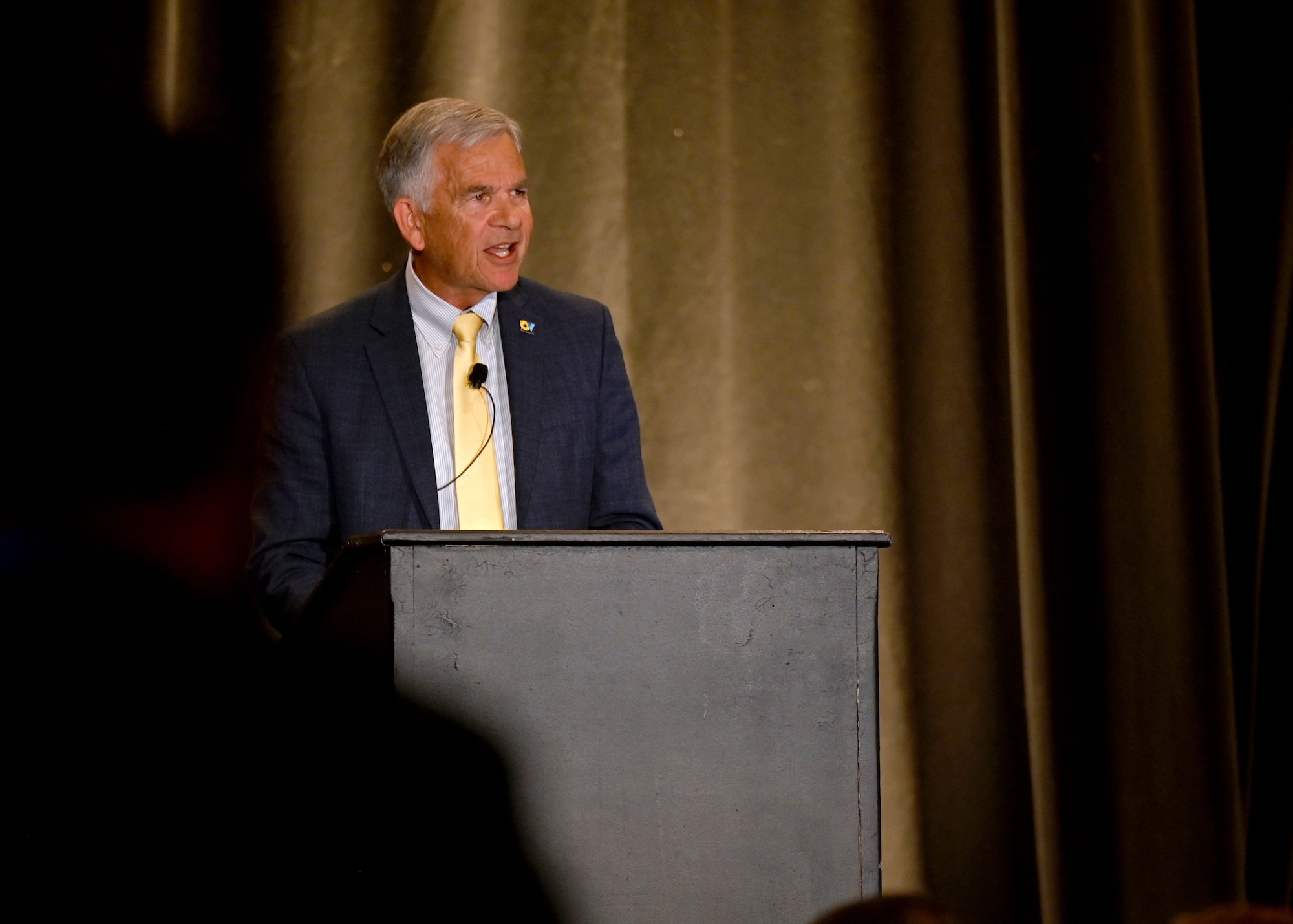 The honorable Joe Winfield, Oro Valley mayor, speaks at a ceremony in Oro Valley, Arizona, Feb. 4, 2025. Winfield spoke of building resilience and mobilizing partnerships within the community. (U.S. Air Force photo by Staff Sgt. Abbey Rieves)