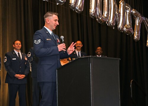 U.S. Air Force Staff Sgt. Christopher Rickenbach, 355th Civil Engineer Squadron firefighter, speaks at a ceremony honoring him in Oro Valley, Arizona, Feb. 4, 2025. Rickenbach was awarded the Red Cross Certificate of Merit for administering life-saving actions and he thanked the community for their support. (U.S. Air Force photo by Staff Sgt. Abbey Rieves)