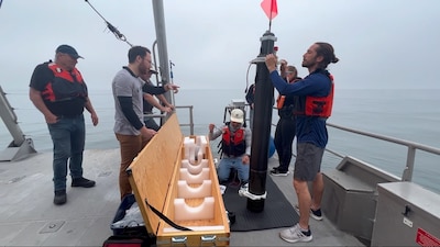 The Naval Postgraduate School and Seatrec team performs an early test of the Persistent Smart Acoustic Profiler Voyager off in Monterey Bay.