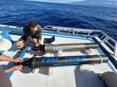 Researchers prepare the Persistent Smart Acoustic Profiler (PSAP) Voyager for initial testing in Monterey Bay.