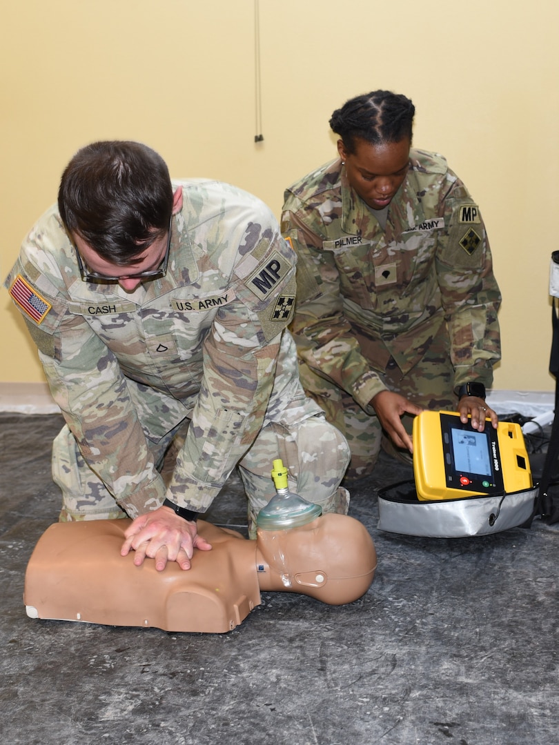 Military police from the Fort Carson Law Enforcement Activities Company received training in use of automated external defibrillators, or AEDs, as part of an Evans Army Community Hospital-hosted comprehensive cadaver training exercise Jan. 29-30, 2025, to enhance the skills of medical professionals in a realistic and immersive environment, as well as dead-on-arrival training, CPR and AED training for military police.