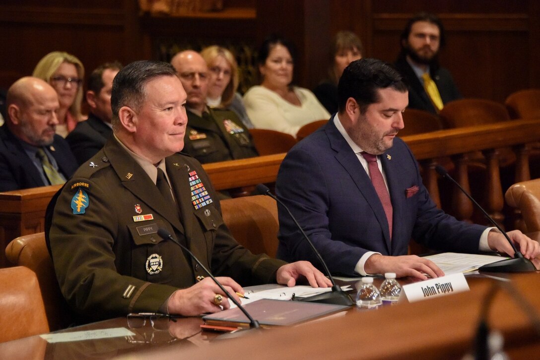 Brig. Gen. John Pippy testifies before the Pennsylvania Senate’s Veterans Affairs and Emergency Preparedness Committee at the Pennsylvania Capitol Feb. 3, 2025, in Harrisburg, Pa. Pippy was confirmed by the Senate as the 55th adjutant general of Pennsylvania on Feb. 4, 2025. (Photo by Tom Cherry)