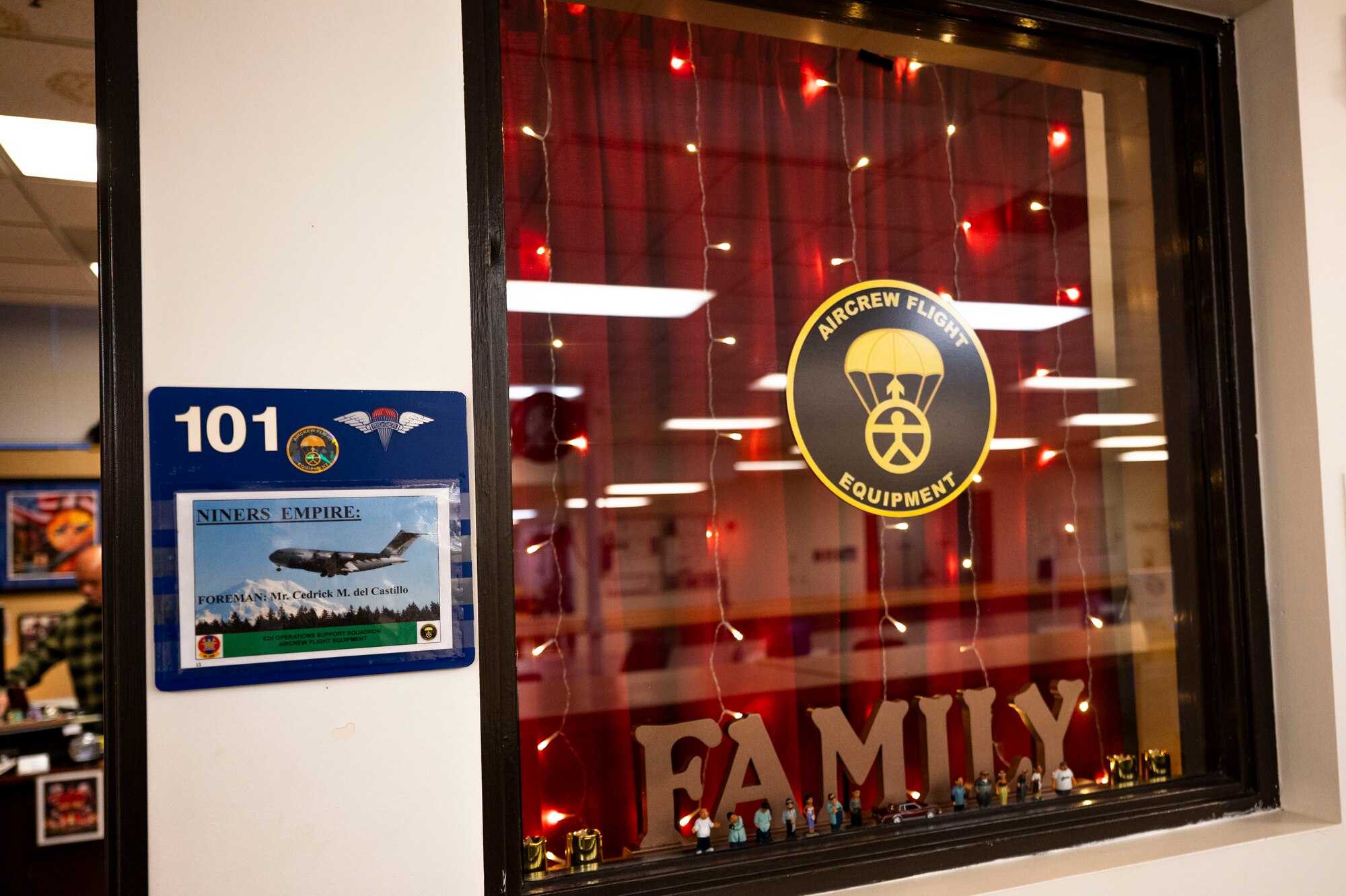 Cedrick Del Castillo, Aircrew Flight Equipment foreman with the 62d Operations Support Squadron, showcases his office at Joint Base Lewis-McChord, Washington, Jan. 13, 2025