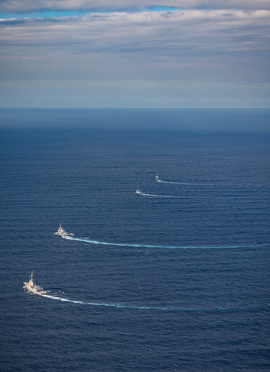 Maritime Cooperative Activity consisting of Royal Australian Navy's HMAS Hobart, Japan Maritime Self-Defense Force ship Akizuki, Philippine Navy ship BRPJose Rizal, and United States Navy ship USS Benfold. *** Local Caption *** Naval and air force units from Australia, Japan, the Philippines and the United States, conducted a multilateral Maritime Cooperative Activity (MCA) within the Philippines� Exclusive Economic Zone on 5 February  2025.

Australia has participated in MCAs with the Philippines since 2023, underlining our commitment to strengthen regional and international cooperation in support of a peaceful, stable and prosperous Indo-Pacific.

Australia�s participation supports the right to freedom of navigation and overflight under international law, other lawful uses of the sea and international airspace, as reflected in the United Nations Convention on the Law of the Sea (UNCLOS).

Strong cooperation and the ability to work together, demonstrated through activities such this, enhance our interoperability and readiness to respond to shared security challenges with partners and allies. 

HMAS Hobart participated in the MCA during a six-week Regional Presence Deployment (RPD). RPDs in the Indo-Pacific demonstrate Australia�s commitment and ability to maintain a near continuous presence in the region to support regional security and stability.