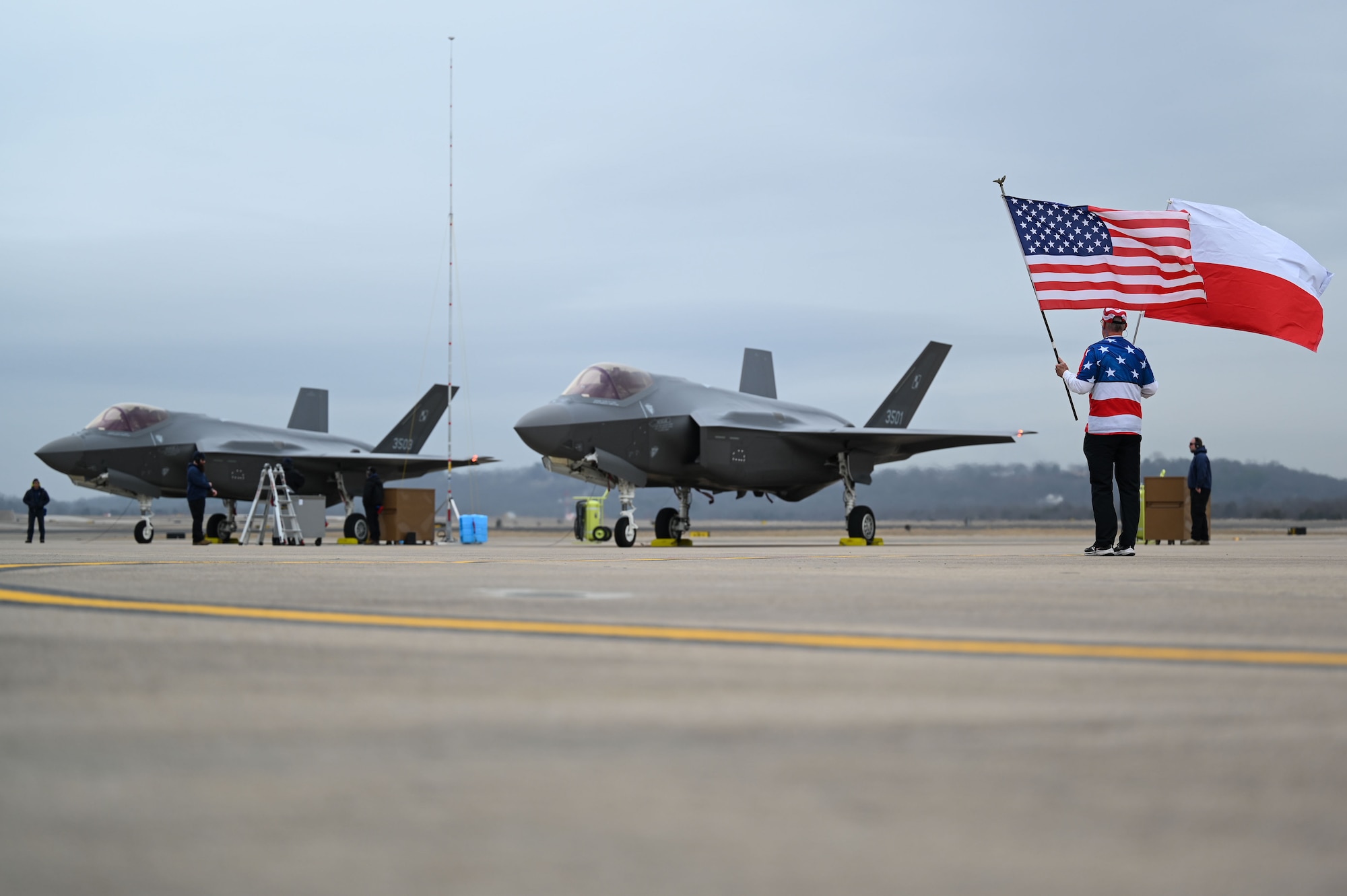 A Polish F-35A Lightning II pilot executes ground operations at Ebbing Air National Guard Base, Arkansas, Jan. 29, 2025.