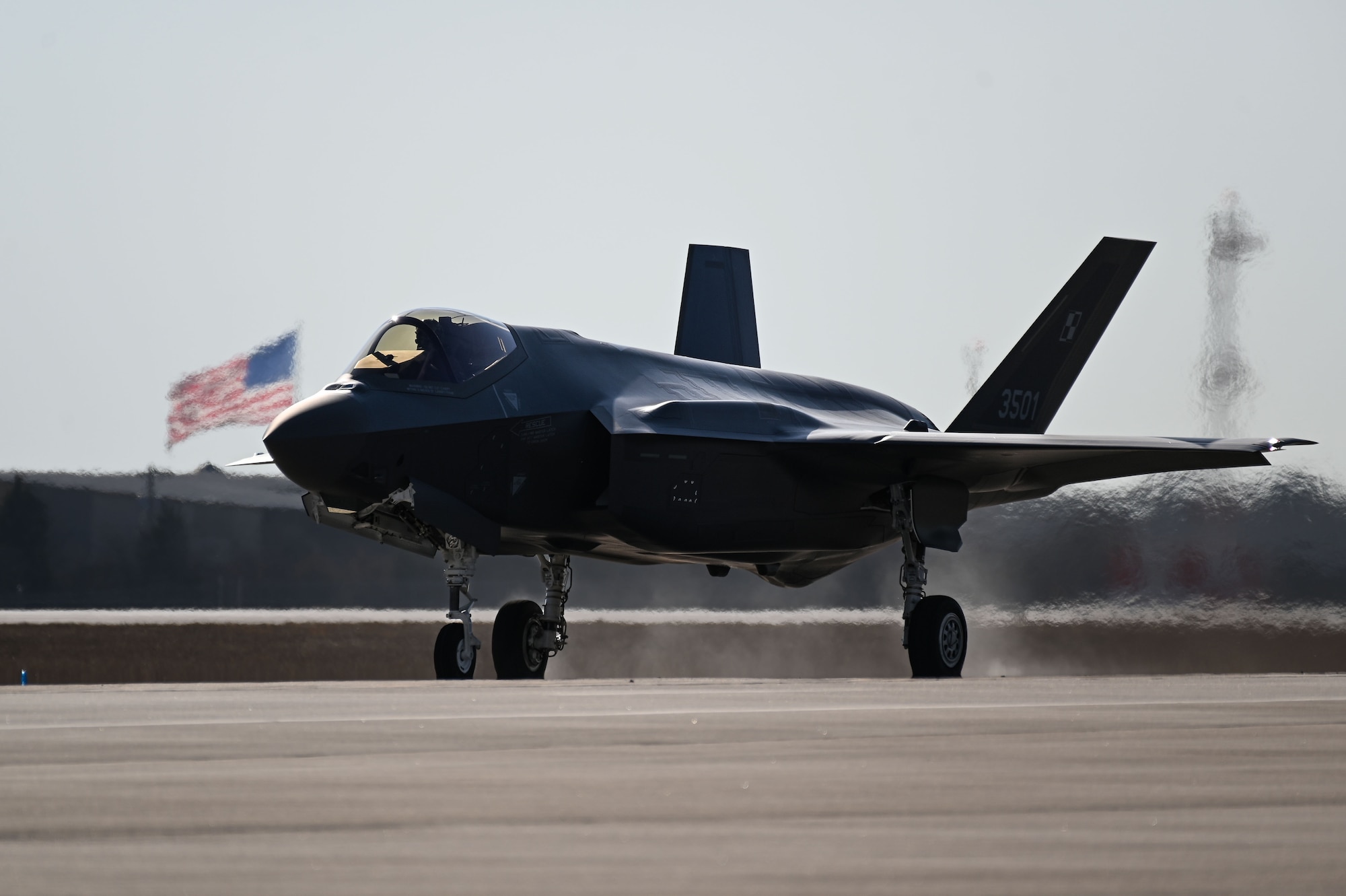 A Polish F-35A Lightning II pilot returns from his first flight at Ebbing Air National Guard Base, Arkansas, Jan. 31, 2025.