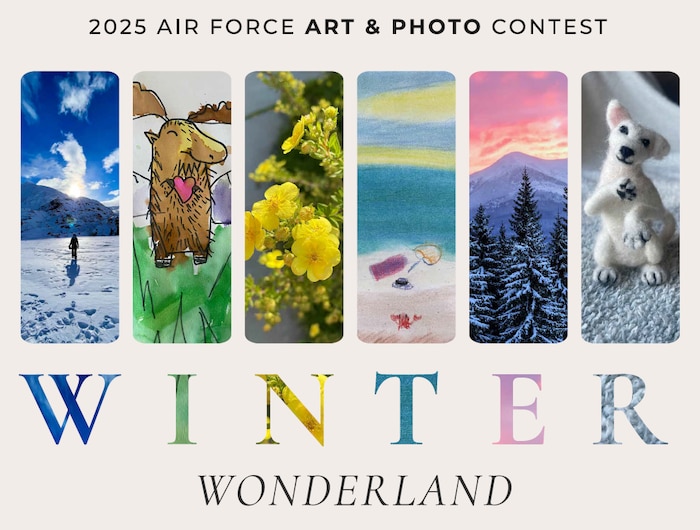 poster with various winter scenes using various art mediums like photography crocheting, watercolor and the words Winter Wonderland