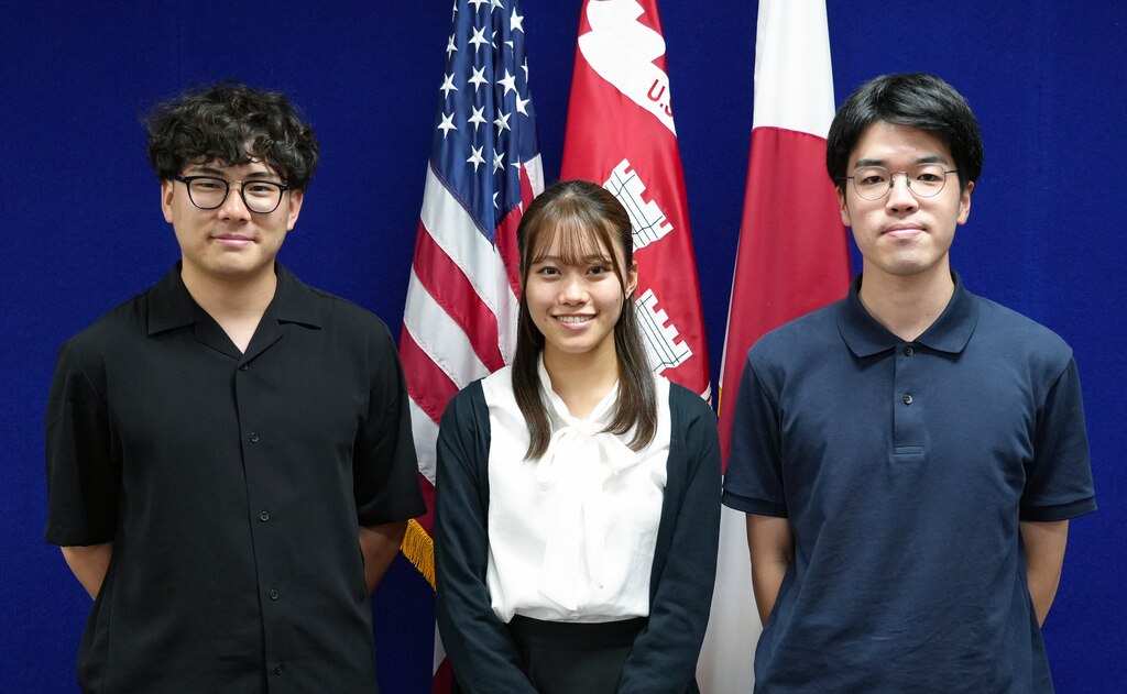 Yuzen Kurokawa, Rina Koyama, and Ryohei Kojima, pose for a photo at the U.S. Army Corps of Engineers – Japan Engineer District, August 28th, 2023. The interns joined USACE JED for a period of 4-weeks as participants in U.S. Army Garrison Japan’s (USAGJ) annual Summer Internship Program. The three college-aged students spent their time at JED learning about American work culture, practicing business-level English conversation, and creating material to assist their designated work centers.