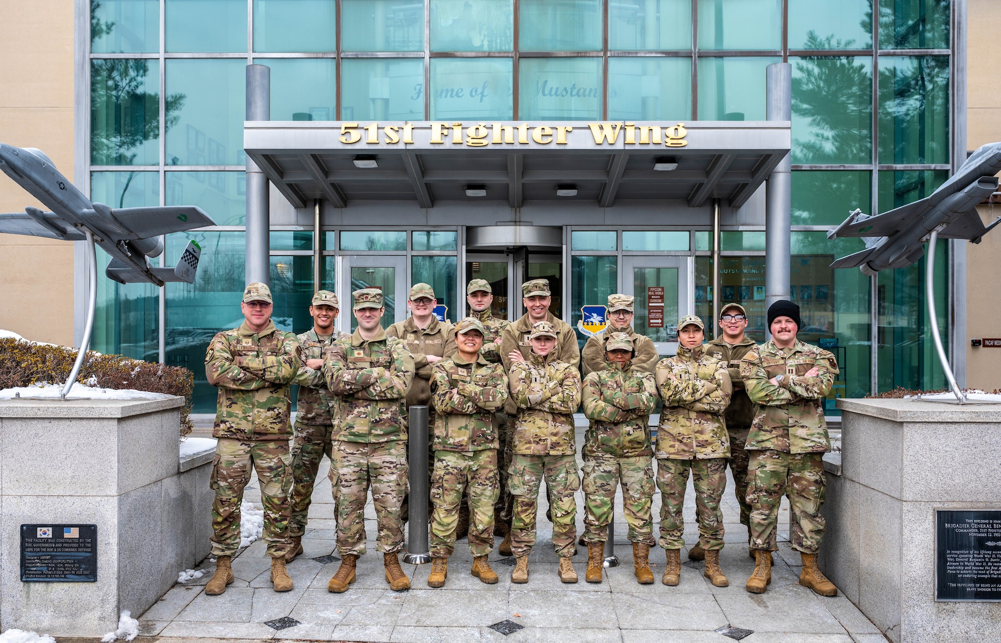 Instructors and students of an F-16 Intelligence Formal Training Unit course pose for a group photo, at Osan Air Base, Republic of Korea, Jan. 31, 2025. The IFTU course is a specialized training class that is required to be fully mission qualified to support operational F-16’s. (U.S. Air Force photo by Staff Sgt. Christopher Tam)