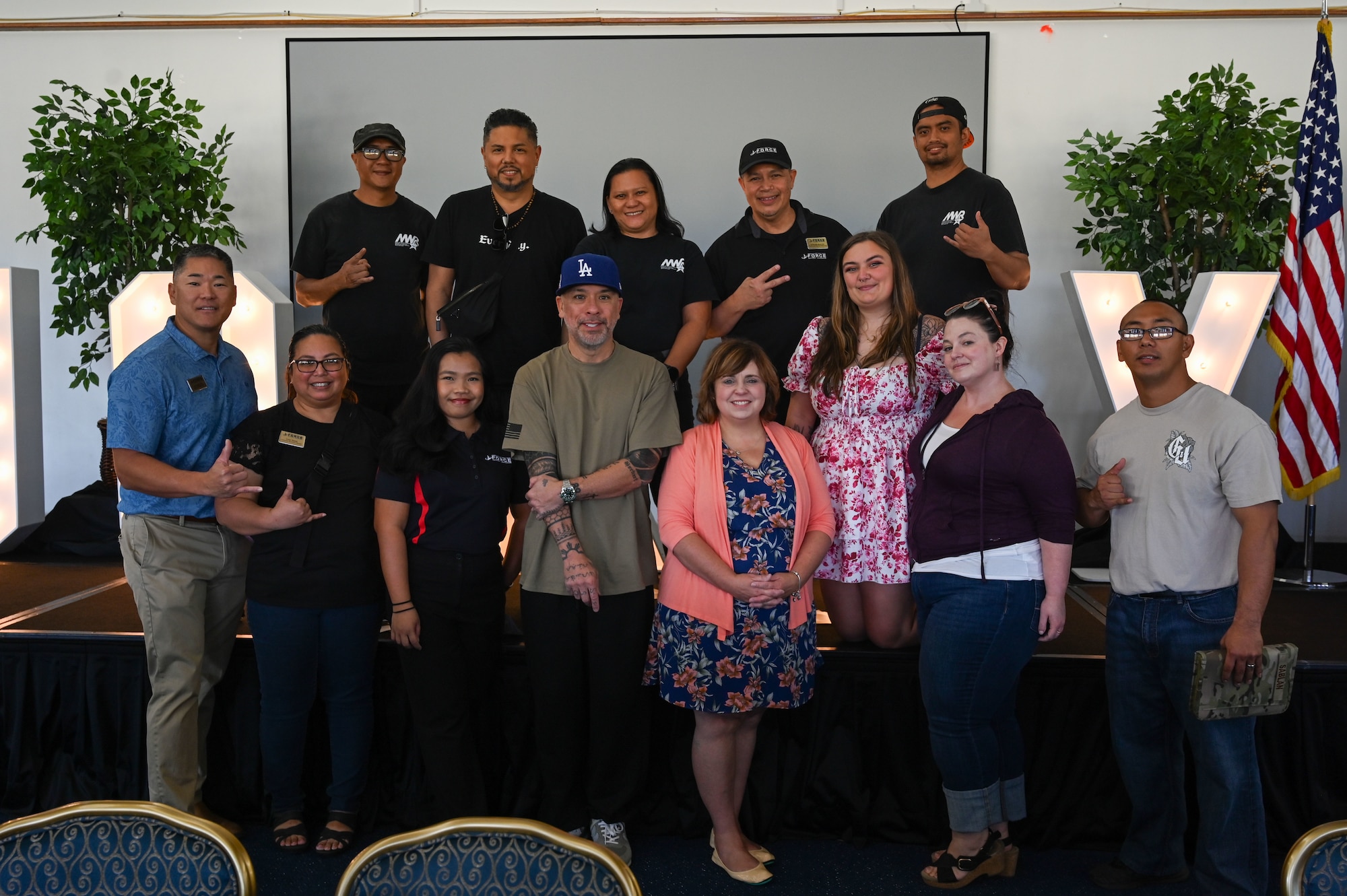 36th Force Support Squadron members pose for a photo with American comedian and actor, Jo Koy, at the Sunrise Conference Center on Andersen Air Force Base, Guam, Feb. 1, 2025. 36 FSS along with the USO put together a luncheon for Jo Koy and Airmen stationed on Andersen AFB. (U.S. Air Force photo by Airman 1st Class Natasha Ninete).
