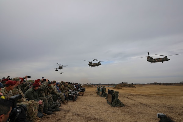 crowd observes military helicopters