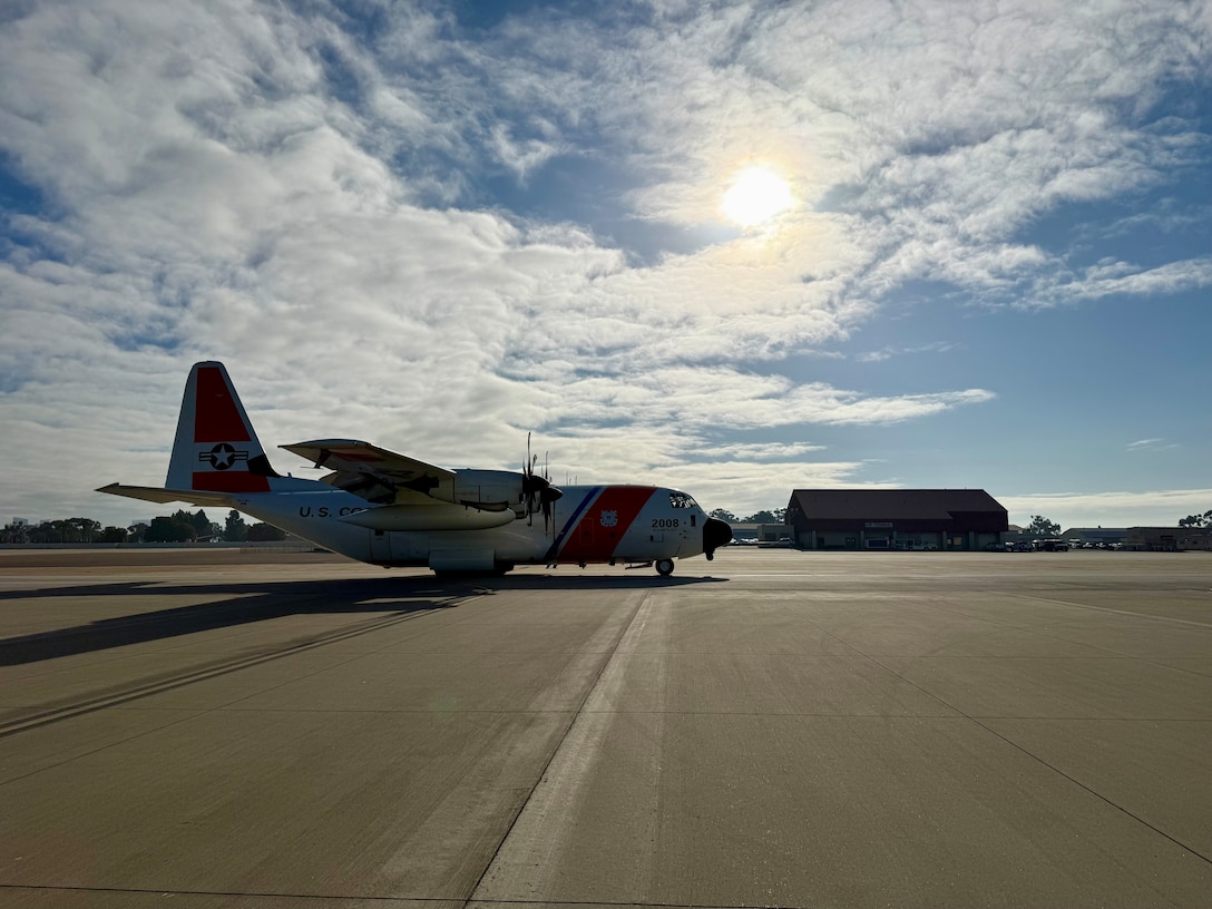 A U.S. Coast Guard C-130 Hercules crew prepares for an alien expulsion flight in San Diego, California, Feb. 5, 2025.