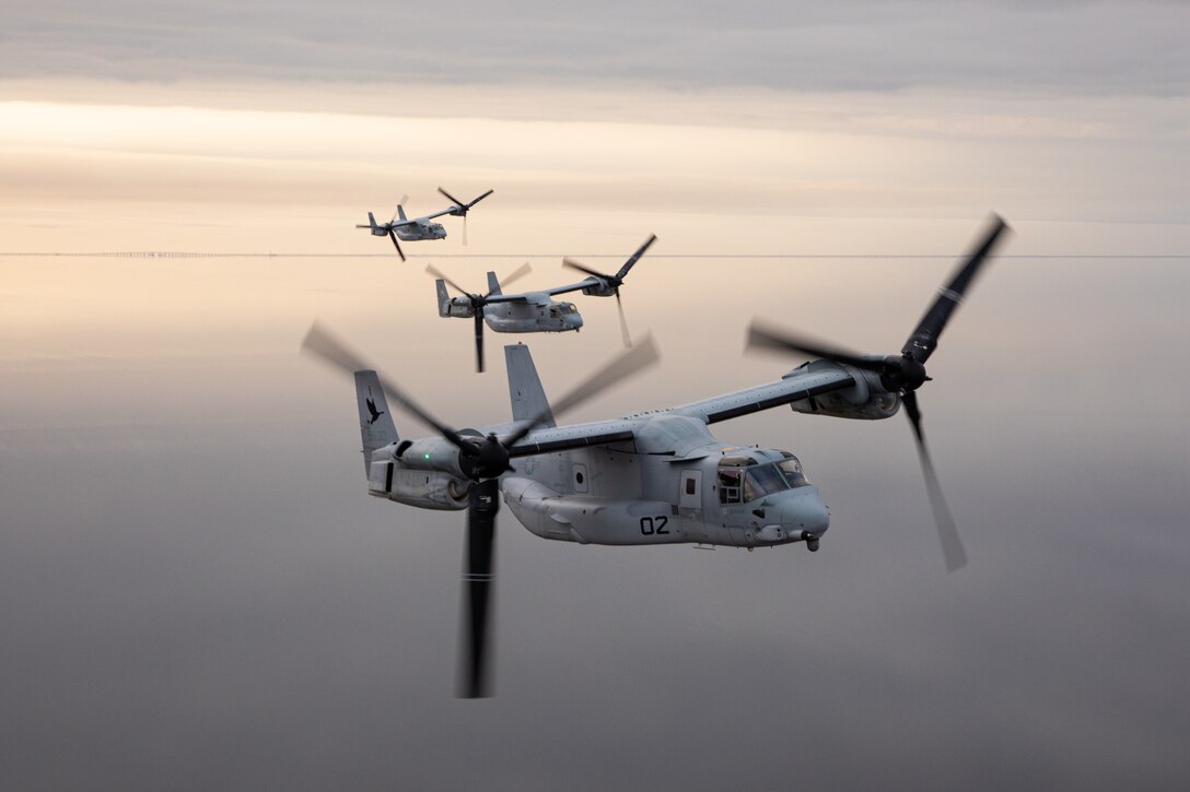 U.S. Marine Corps MV-22 Ospreys, tiltrotor aircraft, with Marine Medium Tiltrotor Squadron (VMM) 774, Marine Aircraft Group 49, 4th Marine Aircraft Wing and VMM-764, Marine Aircraft Group 41, 4th Marine Aircraft Wing, perform a formation flight over New Orleans, Feb. 4, 2025. MV-22 Osprey pilots and flight crew with VMM-744, Marine Aircraft Group 49, 4th Marine Aircraft Wing and VMM-764, Marine Aircraft Group 41, 4th Marine Aircraft Wing conducted a flight rehearsal in preparation for the flyover during Super Bowl LIX. (U.S. Marine Corps photo by Lance Cpl. Van Hoang)