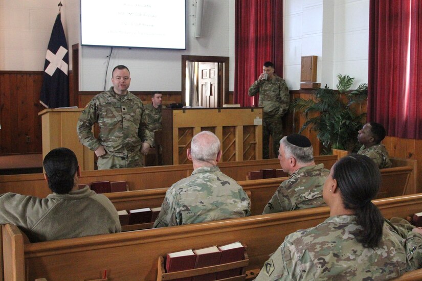 Army National Guard chaplains from across the Northeast gather at Fort Indiantown Gap, Pa., Feb. 2, 2025, during a Warfighter exercise with the New York National Guard's 42nd Infantry Division. (N.Y. Army National Guard photo by Staff Sgt. Andrew Valenza)
