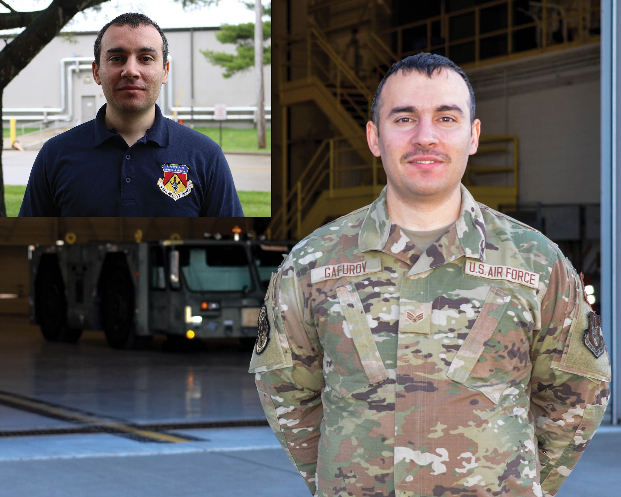 Senior Airman Salchuk Gafurov, 445th Aircraft Maintenance Squadron communication/navigation journeyman, poses for a photo before and after basic military training.