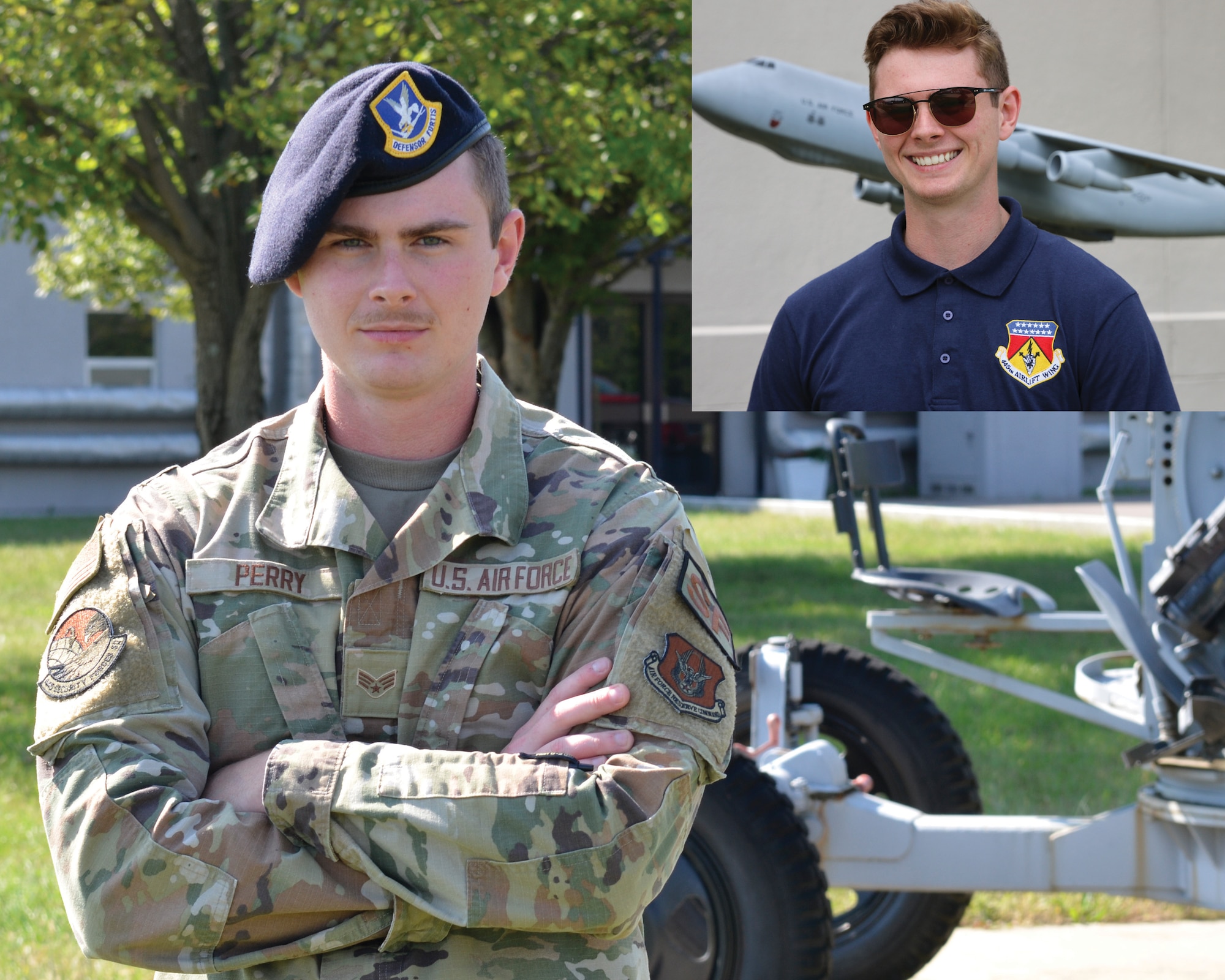 Senior Airman Ethan Perry, 445th Security Forces Squadron fire team member, poses for a photo before and after basic military training.