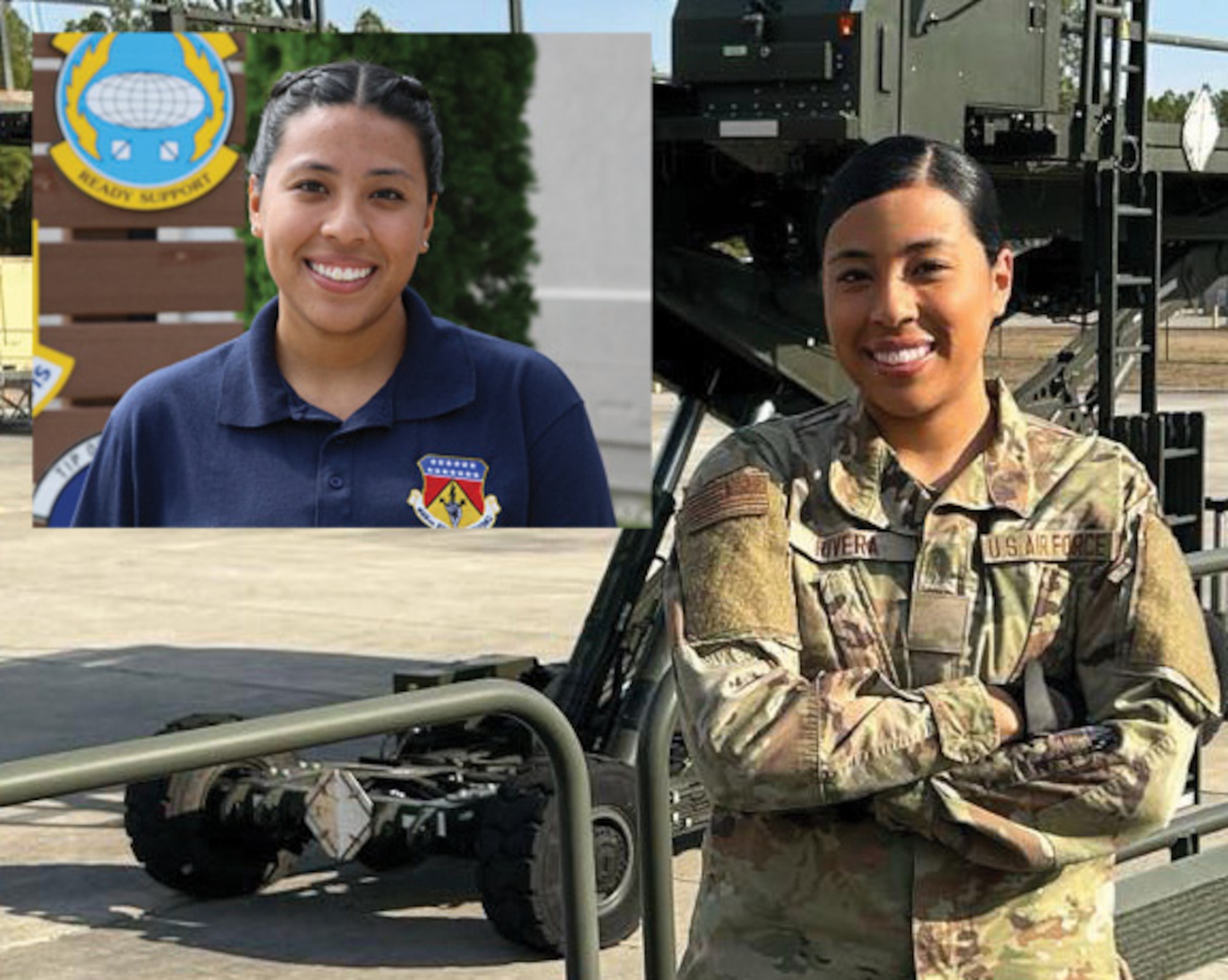 Airman Tatiana Rivera, 87th Aerial Port Squadron ramp operations representative, poses for a photo before and after basic military training.