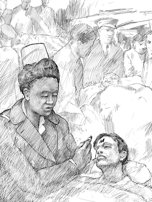 An illustration shows Abbie Sweetwine treating an injured man.