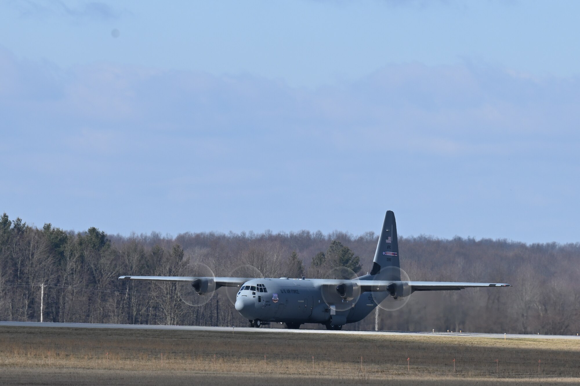 A C-130J-30 Super Hercules aircraft taxis to the runway for a two-aircraft formation flight at Youngstown Air Reserve Station, Ohio, Feb. 4, 2025.