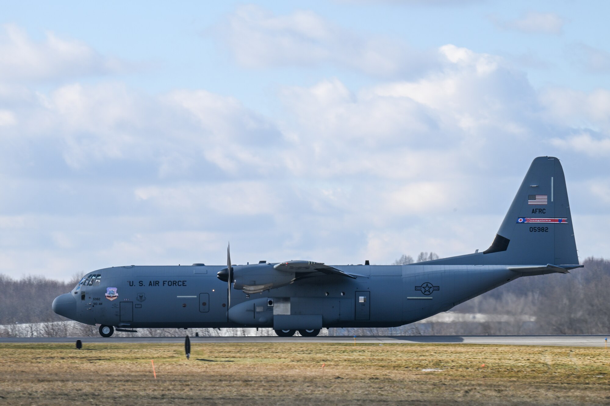 A C-130J-30 Super Hercules aircraft taxis to the runway for a two-aircraft formation flight at Youngstown Air Reserve Station, Ohio, Feb. 4, 2025.