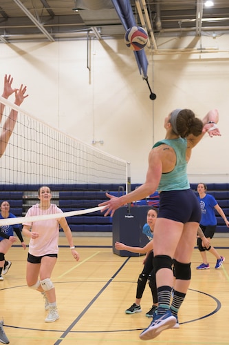 Woman hitting volleyball.