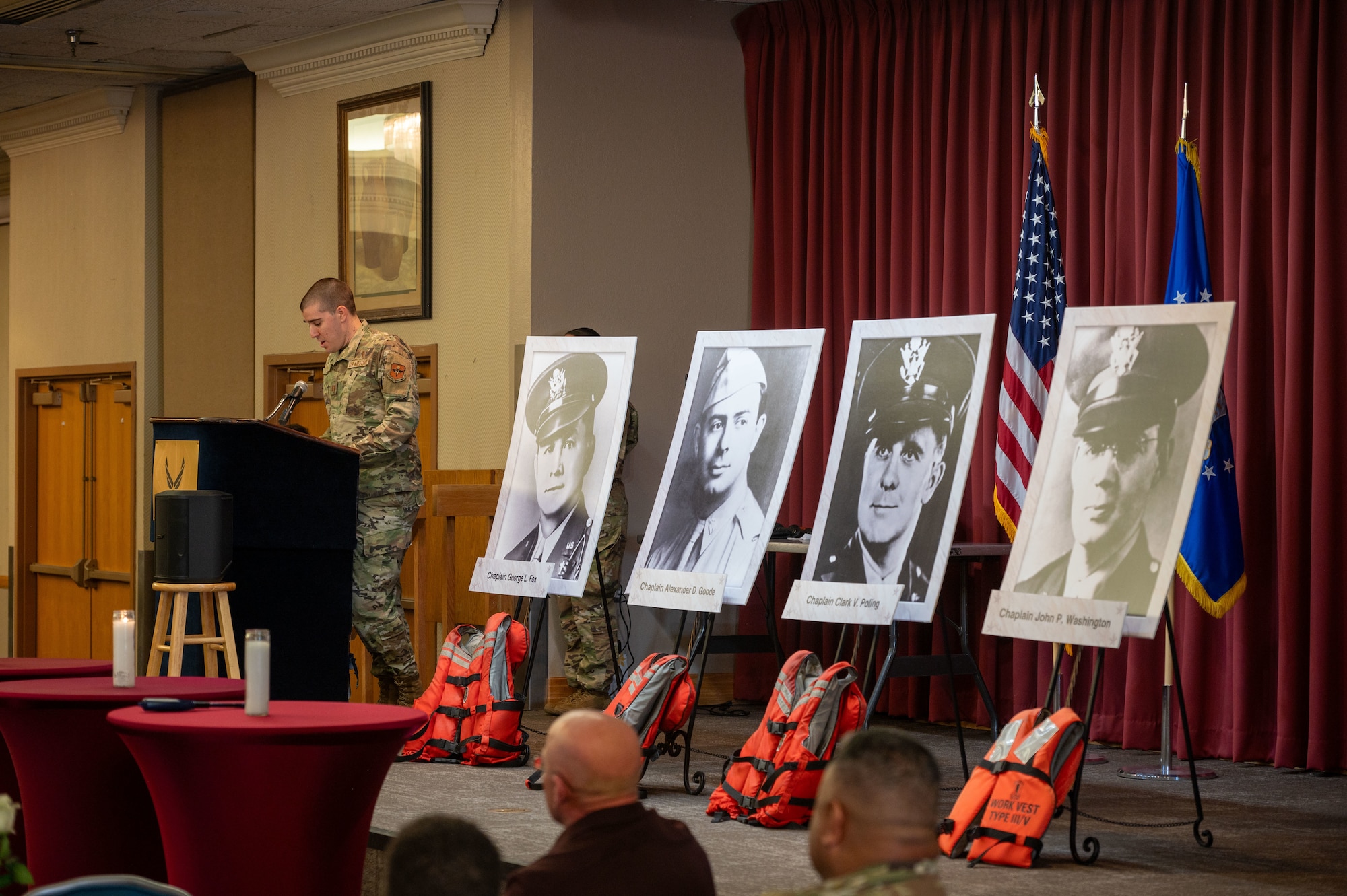 Capt. Trevor Stitt, 58th Special Operations Wing chaplain, commemorates Chaplain John Washington during the Four Chaplains Luncheon, Feb. 3 on Kirtland Air Force Base, N.M. The luncheon honored the four chaplains who gave their lives in the line of service, so that others may live during the sinking of the U.S.A.T. Dorchester on February 3, 1943. (U.S. Air Force photo by Airman 1st Class Donnell Schroeter)