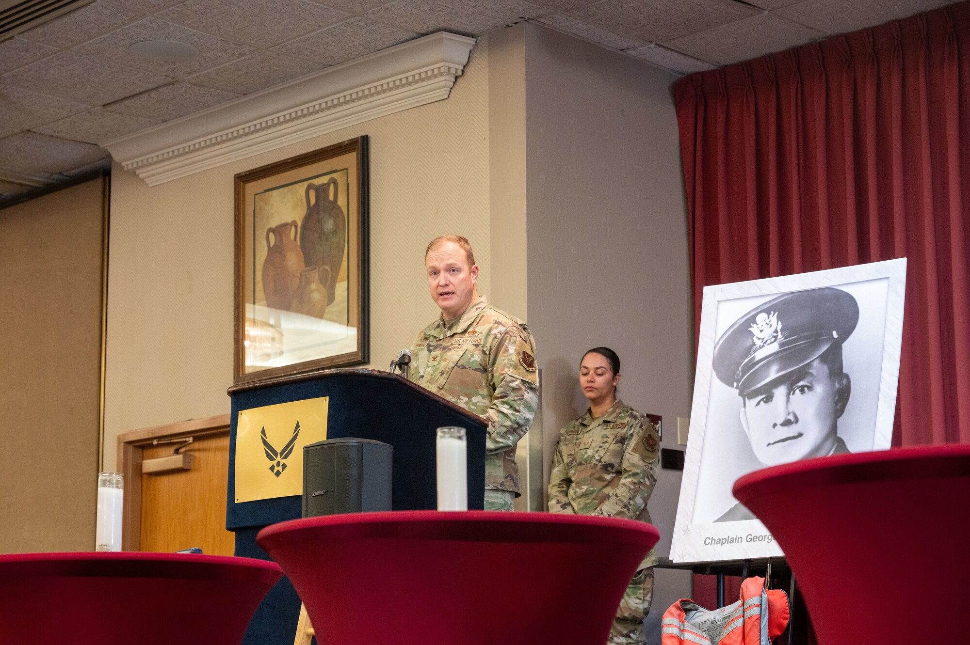 Col. Michael Power, 377th Air Base Wing command and installation commander, speaks at the Four Chaplains Luncheon, Feb. 3 on Kirtland Air Force Base, N.M. The luncheon honored the four chaplains who gave their lives in the line of service, so that others may live during the sinking of the U.S.A.T. Dorchester on February 3, 1943. (U.S. Air Force photo by Airman 1st Class Donnell Schroeter)