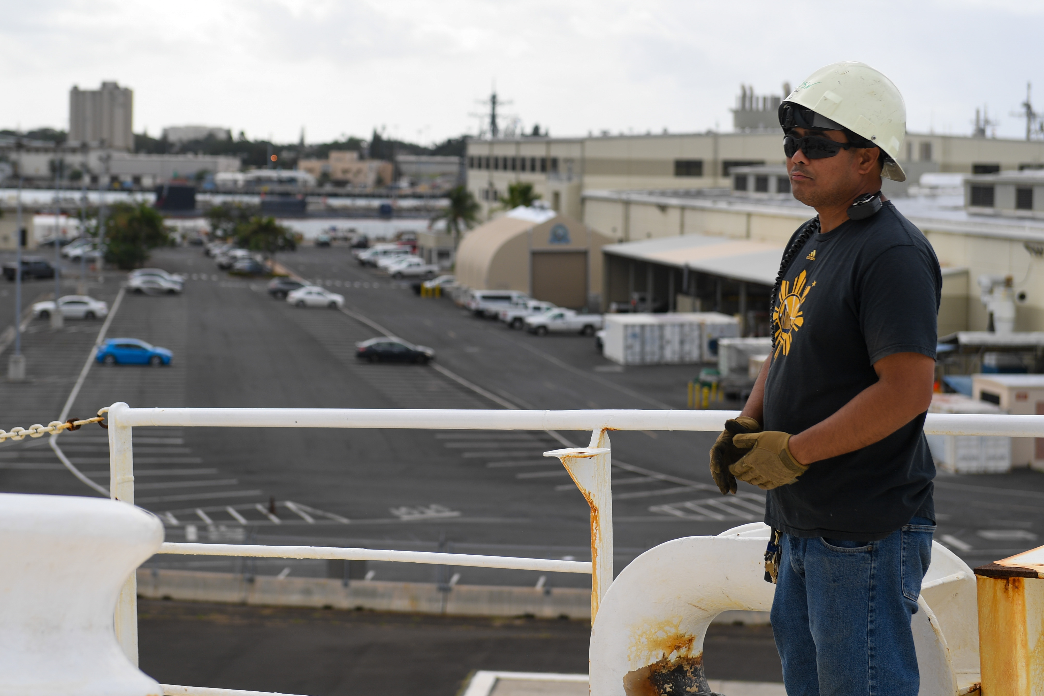 Military Sealift Command Civil Service Mariners Ryan Mora oversees line pulling aboard the hospital ship USNS Mercy (T-AH 19) while departing Joint Base Pearl Harbor-Hickam, Hawaii, as part of Pacific Partnership 2024-1, Feb. 4, 2024. Pacific Partnership, now in its 19th iteration, is the largest multinational humanitarian assistance and disaster relief preparedness mission conducted in the Indo-Pacific and works to enhance regional interoperability and disaster response capabilities, increase security stability in the region, and foster new and enduring friendships.