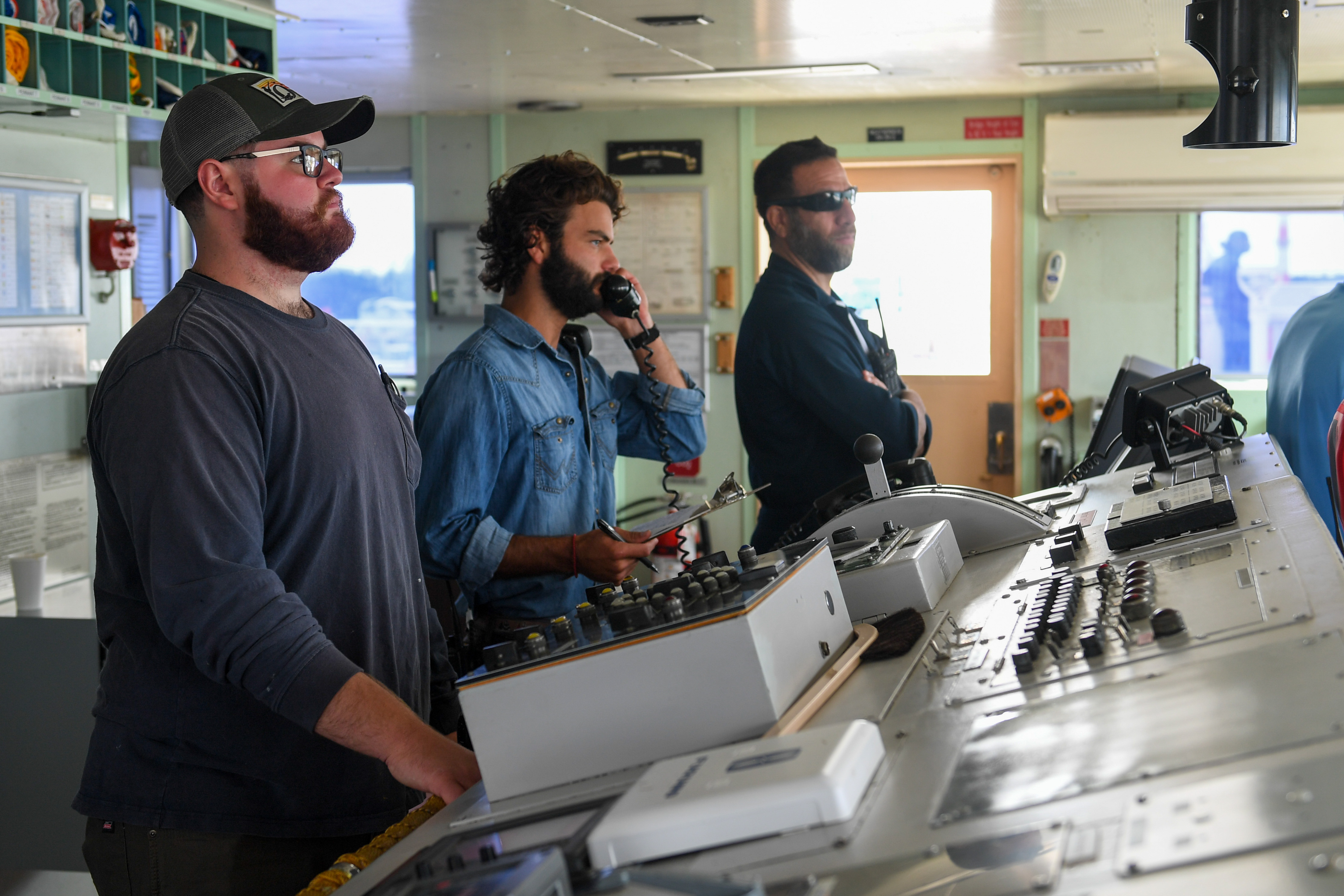 Military Sealift Command Civil Service Mariners oversee communications aboard the hospital ship USNS Mercy (T-AH 19) while departing Joint Base Pearl Harbor-Hickam, Hawaii, as part of Pacific Partnership 2024-1, Feb. 5, 2024. Pacific Partnership, now in its 19th iteration, is the largest multinational humanitarian assistance and disaster relief preparedness mission conducted in the Indo-Pacific and works to enhance regional interoperability and disaster response capabilities, increase security stability in the region, and foster new and enduring friendships
